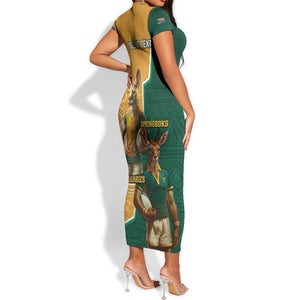 Personalised South Africa And Australia Rugby Short Sleeve Bodycon Dress 2024 Springboks Wallabies Mascots Together