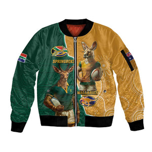 Personalised South Africa And Australia Rugby Sleeve Zip Bomber Jacket 2024 Springboks Wallabies Mascots Together