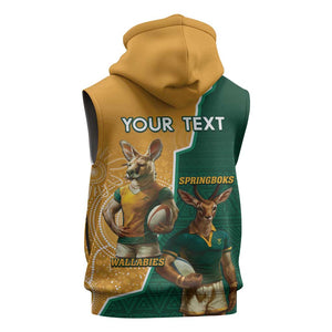 Personalised South Africa And Australia Rugby Sleeveless Zip Hoodie 2024 Springboks Wallabies Mascots Together - African Pride