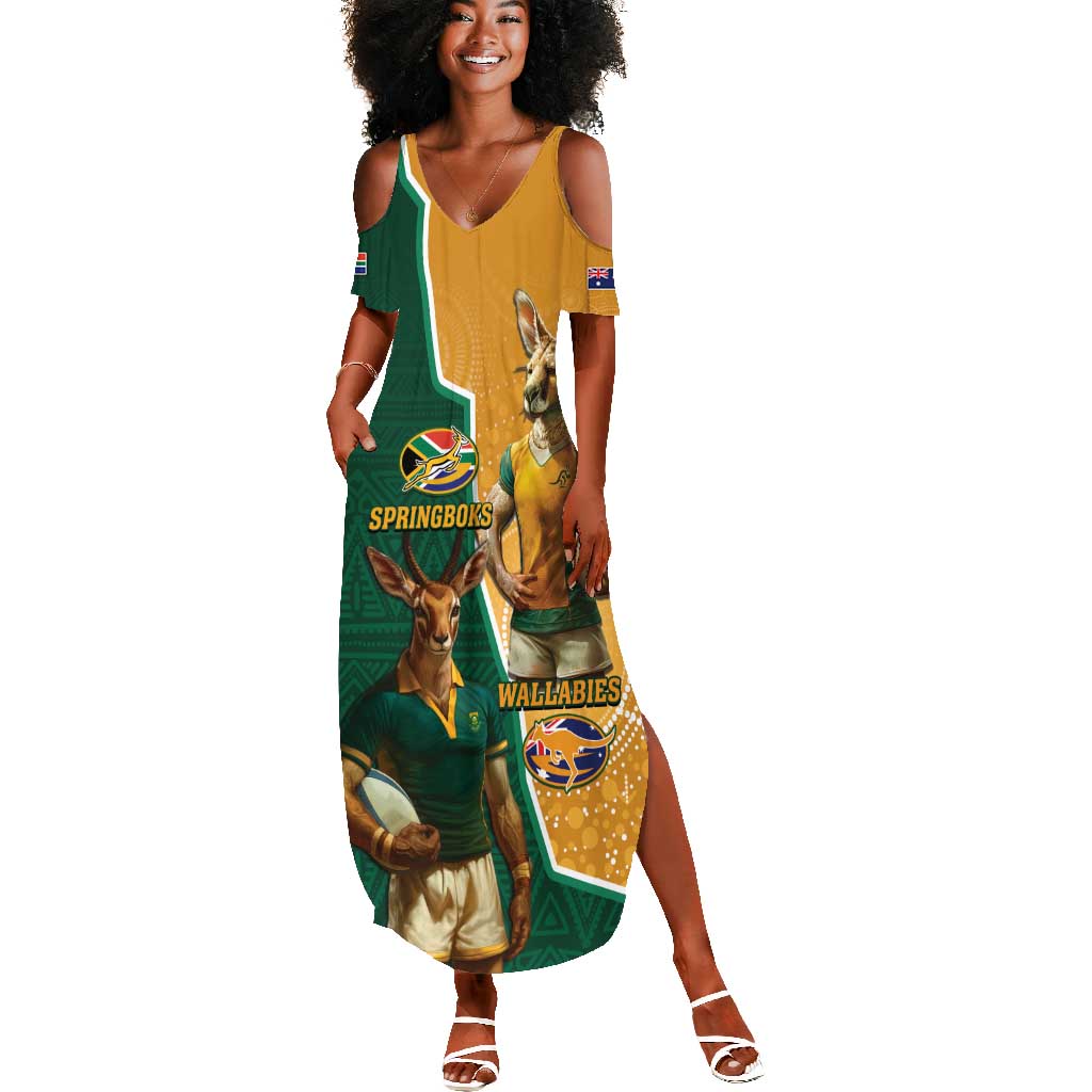 Personalised South Africa And Australia Rugby Summer Maxi Dress 2024 Springboks Wallabies Mascots Together