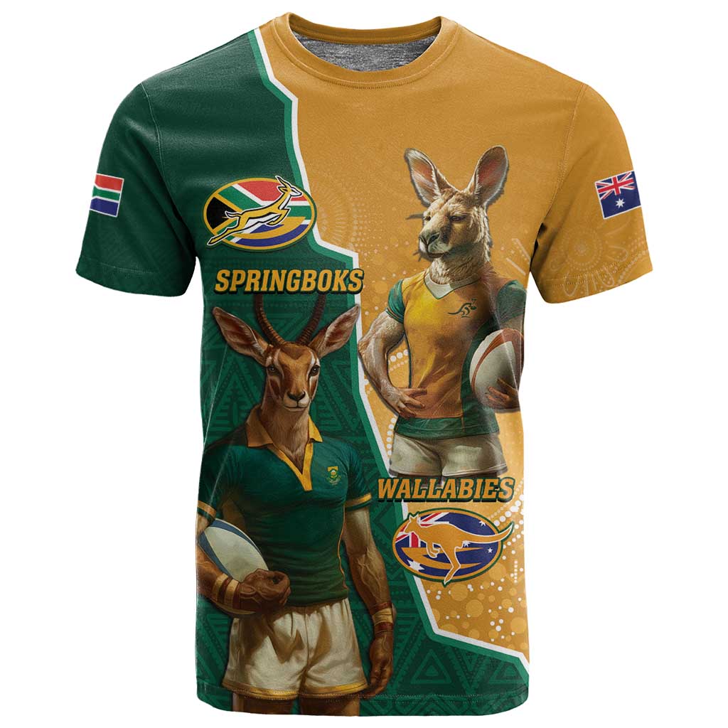 Personalised South Africa And Australia Rugby T shirt 2024 Springboks Wallabies Mascots Together