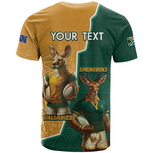 Personalised South Africa And Australia Rugby T shirt 2024 Springboks Wallabies Mascots Together