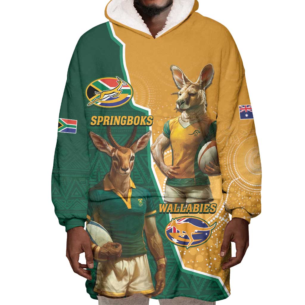 Personalised South Africa And Australia Rugby Wearable Blanket Hoodie 2024 Springboks Wallabies Mascots Together