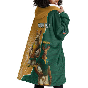 Personalised South Africa And Australia Rugby Wearable Blanket Hoodie 2024 Springboks Wallabies Mascots Together