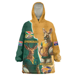 Personalised South Africa And Australia Rugby Wearable Blanket Hoodie 2024 Springboks Wallabies Mascots Together