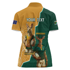 Personalised South Africa And Australia Rugby Women Polo Shirt 2024 Springboks Wallabies Mascots Together