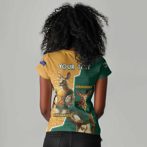 Personalised South Africa And Australia Rugby Women V-Neck T-Shirt 2024 Springboks Wallabies Mascots Together