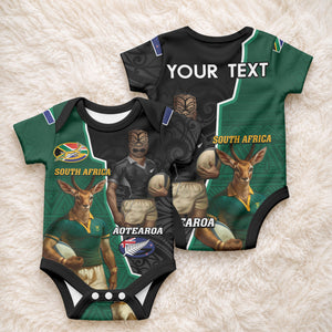 Personalised New Zealand And South Africa Rugby Baby Onesie All Black Springboks Mascots Together