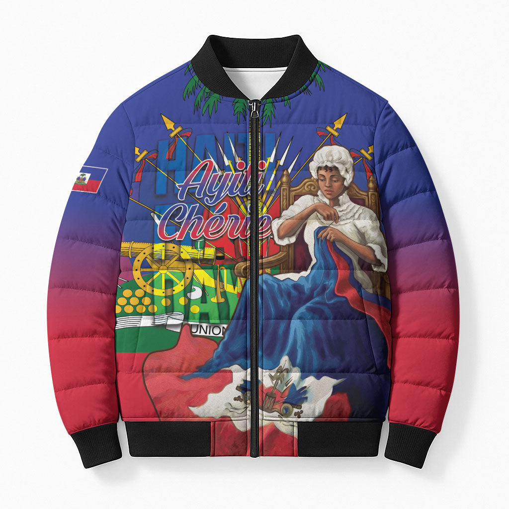 Catherine Flon Haiti Flag Day Bomber Puffer Jacket Ayiti Cherie Coat Of Arms