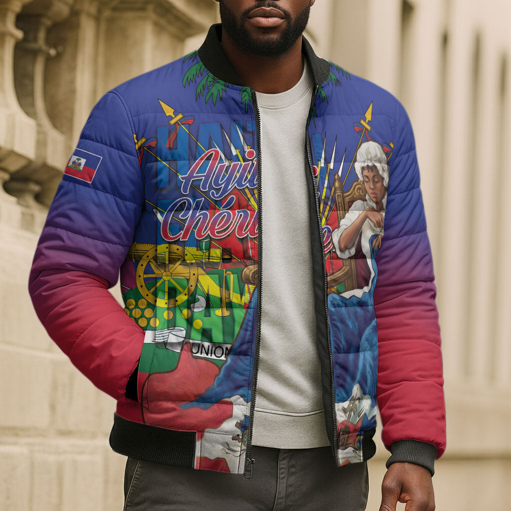 Catherine Flon Haiti Flag Day Bomber Puffer Jacket Ayiti Cherie Coat Of Arms