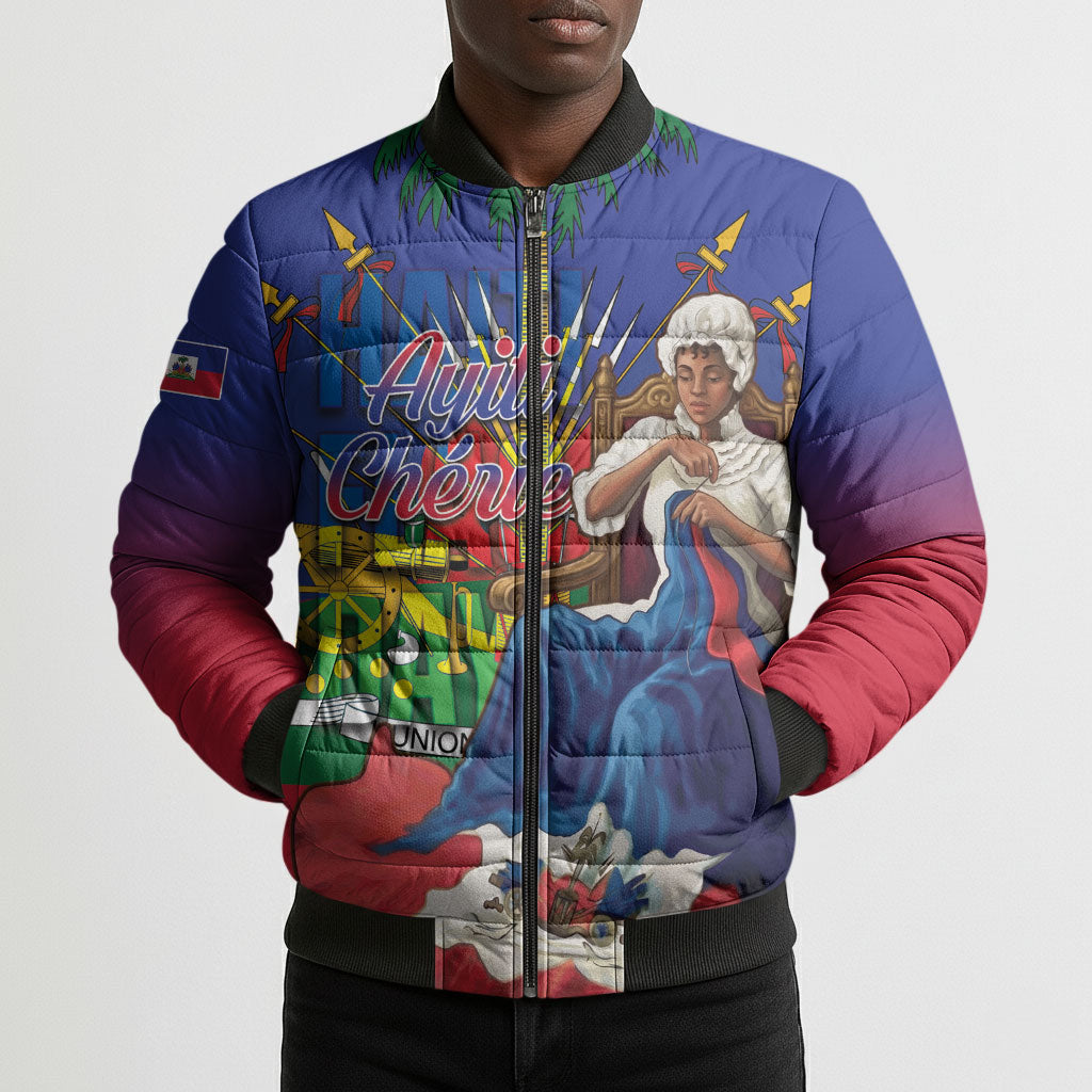 Catherine Flon Haiti Flag Day Bomber Puffer Jacket Ayiti Cherie Coat Of Arms