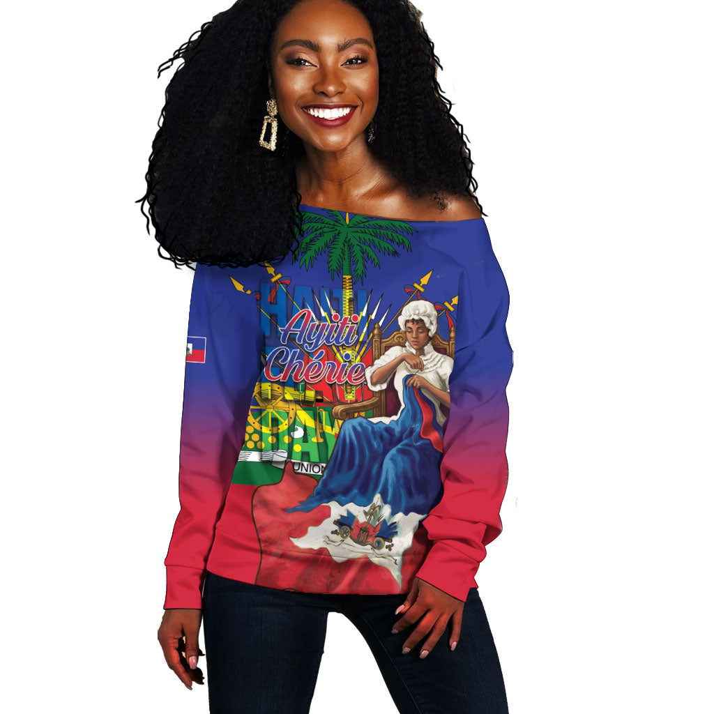 Catherine Flon Haiti Flag Day Off Shoulder Sweater Ayiti Cherie Coat Of Arms