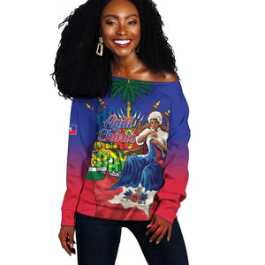 Catherine Flon Haiti Flag Day Off Shoulder Sweater Ayiti Cherie Coat Of Arms
