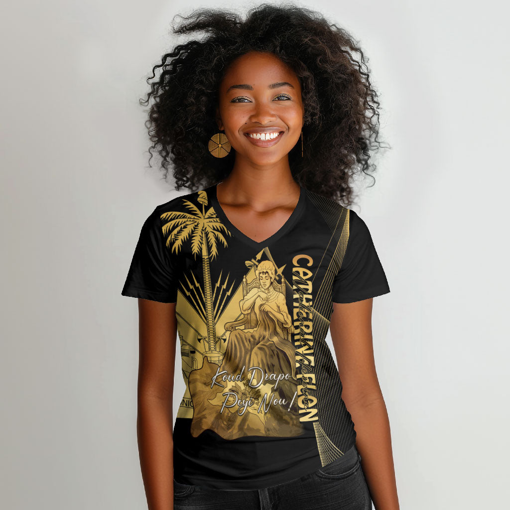 Catherine Flon Haiti Flag Day Women V-Neck T-Shirt National Heroine Koud Drapo Peyi Nou