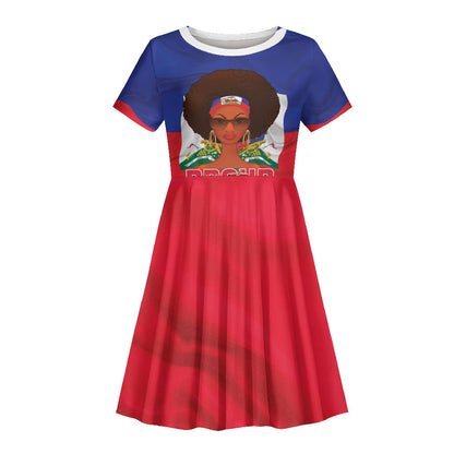 Personalized Haiti Flag Day Kid Short Sleeve Dress Haitian Women Proud Flag Wave Style