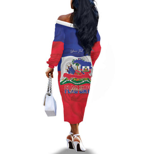 Personalized Haiti Flag Day Off The Shoulder Long Sleeve Dress Haitian Women Proud Flag Wave Style