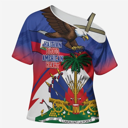 Haiti Flag Day Cross Shoulder Shirt Haitian Blood American Heart Eagle With Flag