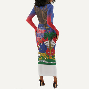 Haiti Flag Day Long Sleeve Bodycon Dress Haitian Blood American Heart Eagle With Flag