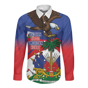 Haiti Flag Day Long Sleeve Button Shirt Haitian Blood American Heart Eagle With Flag