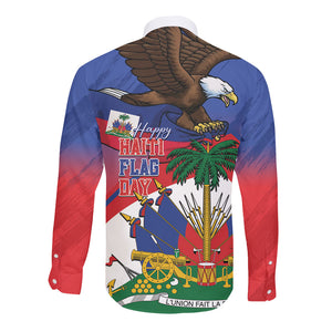 Haiti Flag Day Long Sleeve Button Shirt Haitian Blood American Heart Eagle With Flag