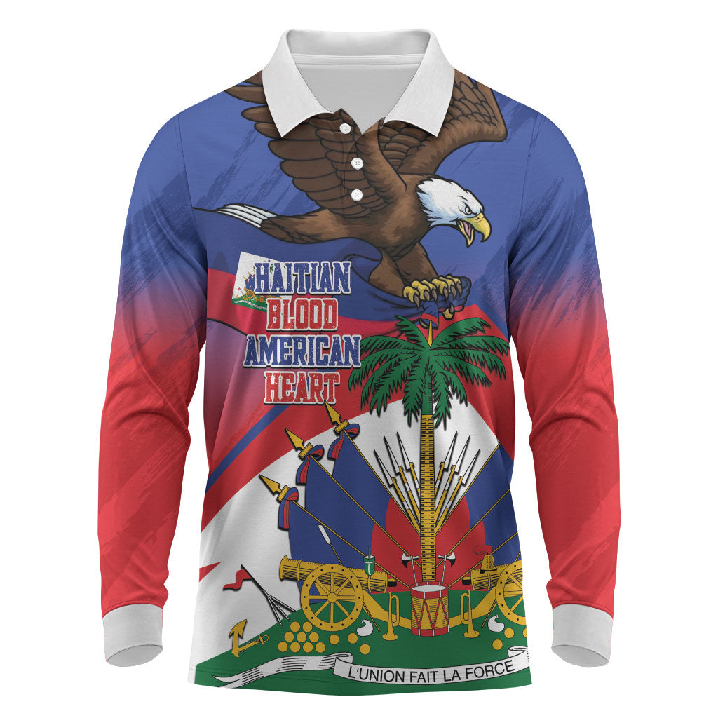 Haiti Flag Day Long Sleeve Polo Shirt Haitian Blood American Heart Eagle With Flag