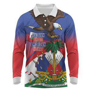 Haiti Flag Day Long Sleeve Polo Shirt Haitian Blood American Heart Eagle With Flag
