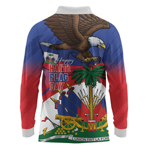 Haiti Flag Day Long Sleeve Polo Shirt Haitian Blood American Heart Eagle With Flag