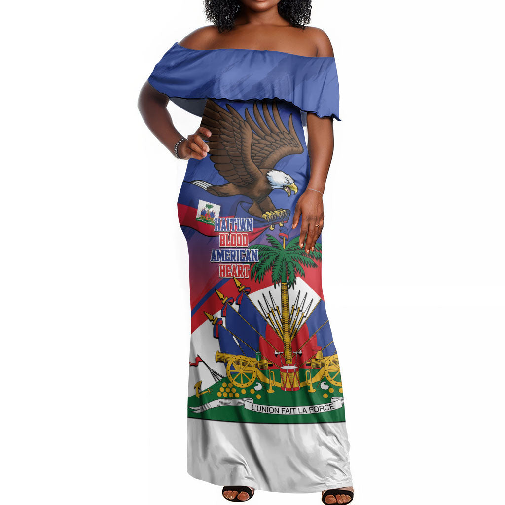 Haiti Flag Day Off Shoulder Maxi Dress Haitian Blood American Heart Eagle With Flag