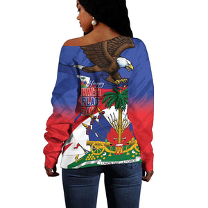 Haiti Flag Day Off Shoulder Sweater Haitian Blood American Heart Eagle With Flag