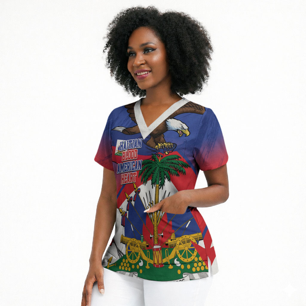 Haiti Flag Day Scrub Top Haitian Blood American Heart Eagle With Flag