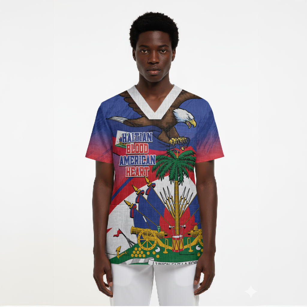 Haiti Flag Day Scrub Top Haitian Blood American Heart Eagle With Flag