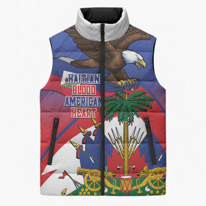 Haiti Flag Day Sleeveless Puffer Jacket Haitian Blood American Heart Eagle With Flag
