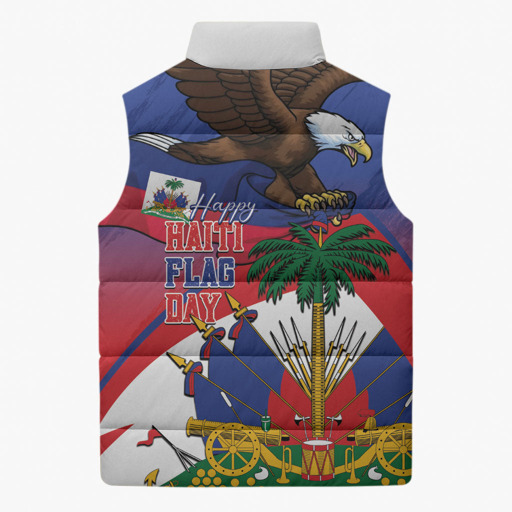 Haiti Flag Day Sleeveless Puffer Jacket Haitian Blood American Heart Eagle With Flag