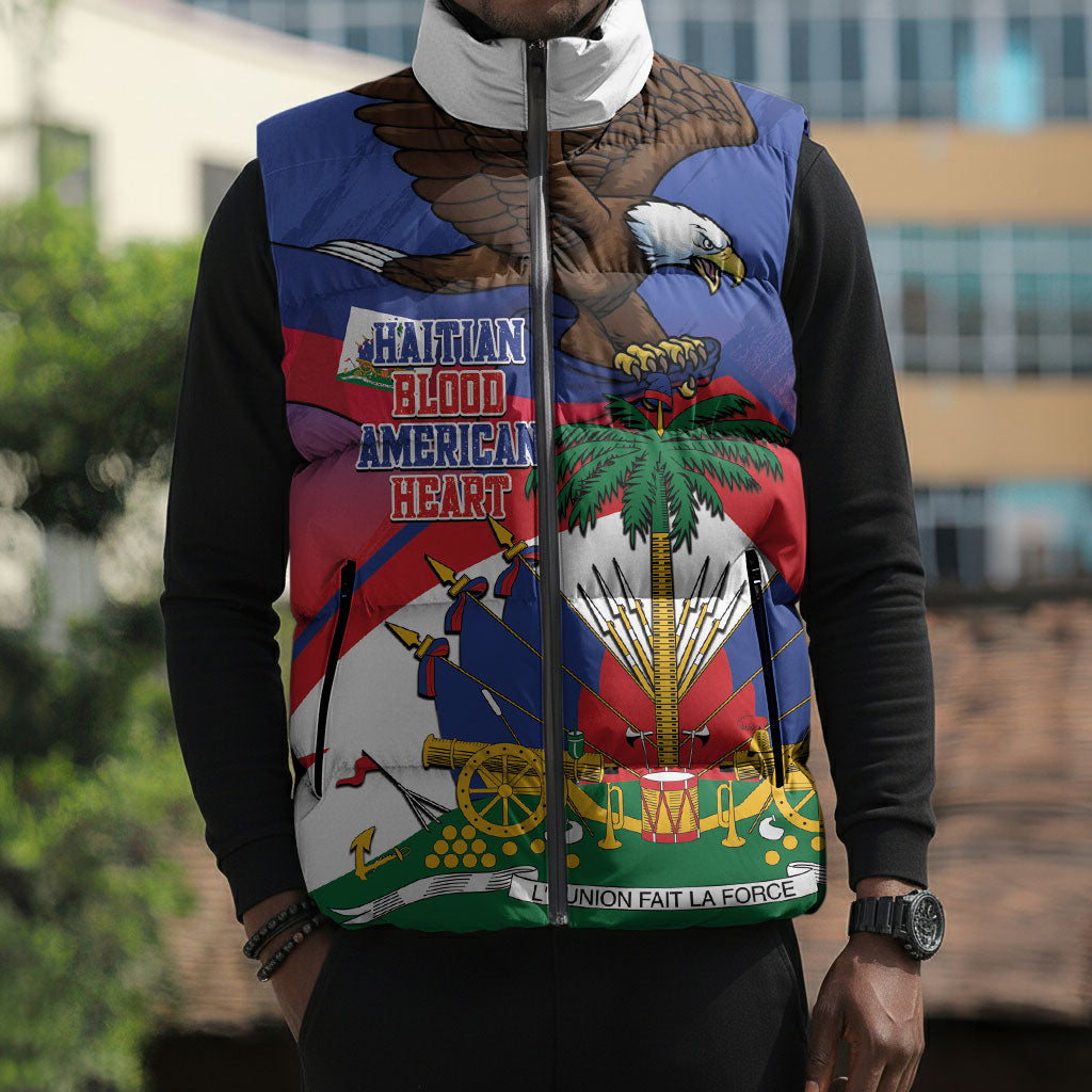 Haiti Flag Day Sleeveless Puffer Jacket Haitian Blood American Heart Eagle With Flag
