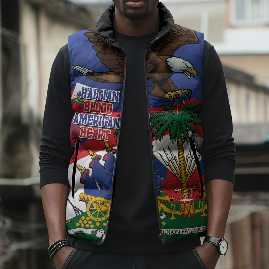 Haiti Flag Day Sleeveless Puffer Jacket Haitian Blood American Heart Eagle With Flag