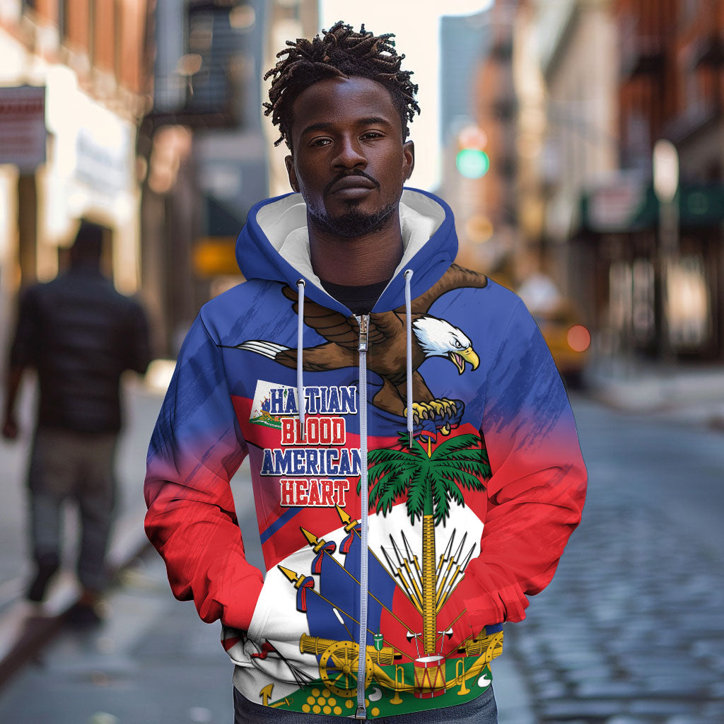 Haiti Flag Day Zip Hoodie Haitian Blood American Heart Eagle With Flag