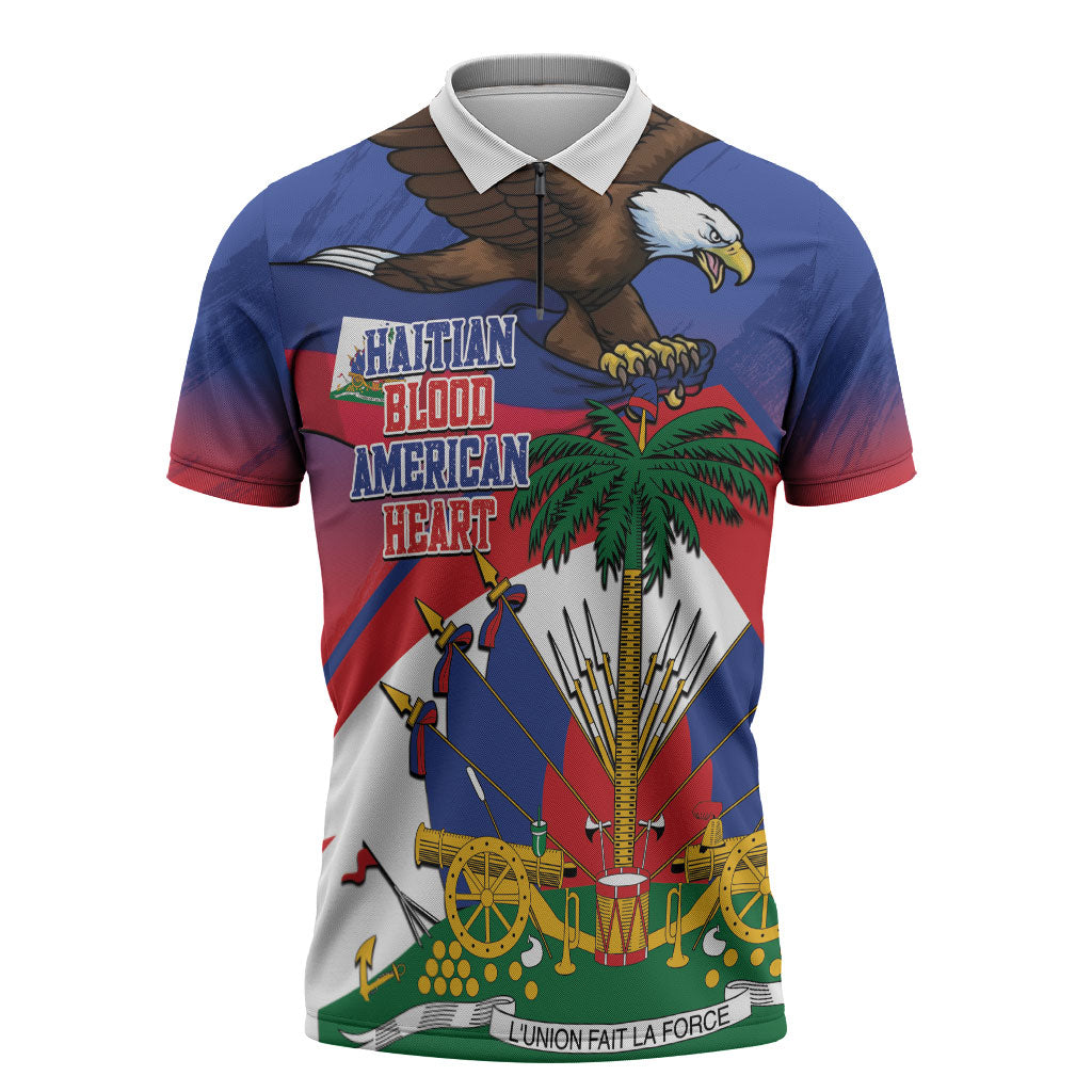 Haiti Flag Day Zipper Polo Shirt Haitian Blood American Heart Eagle With Flag