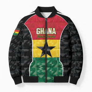 Ghana Football Custom Bomber Puffer Jacket Go Black Queens Kente Pattern