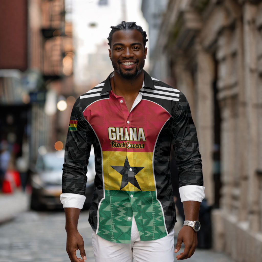 Ghana Football Custom Long Sleeve Button Shirt Go Black Queens Kente Pattern