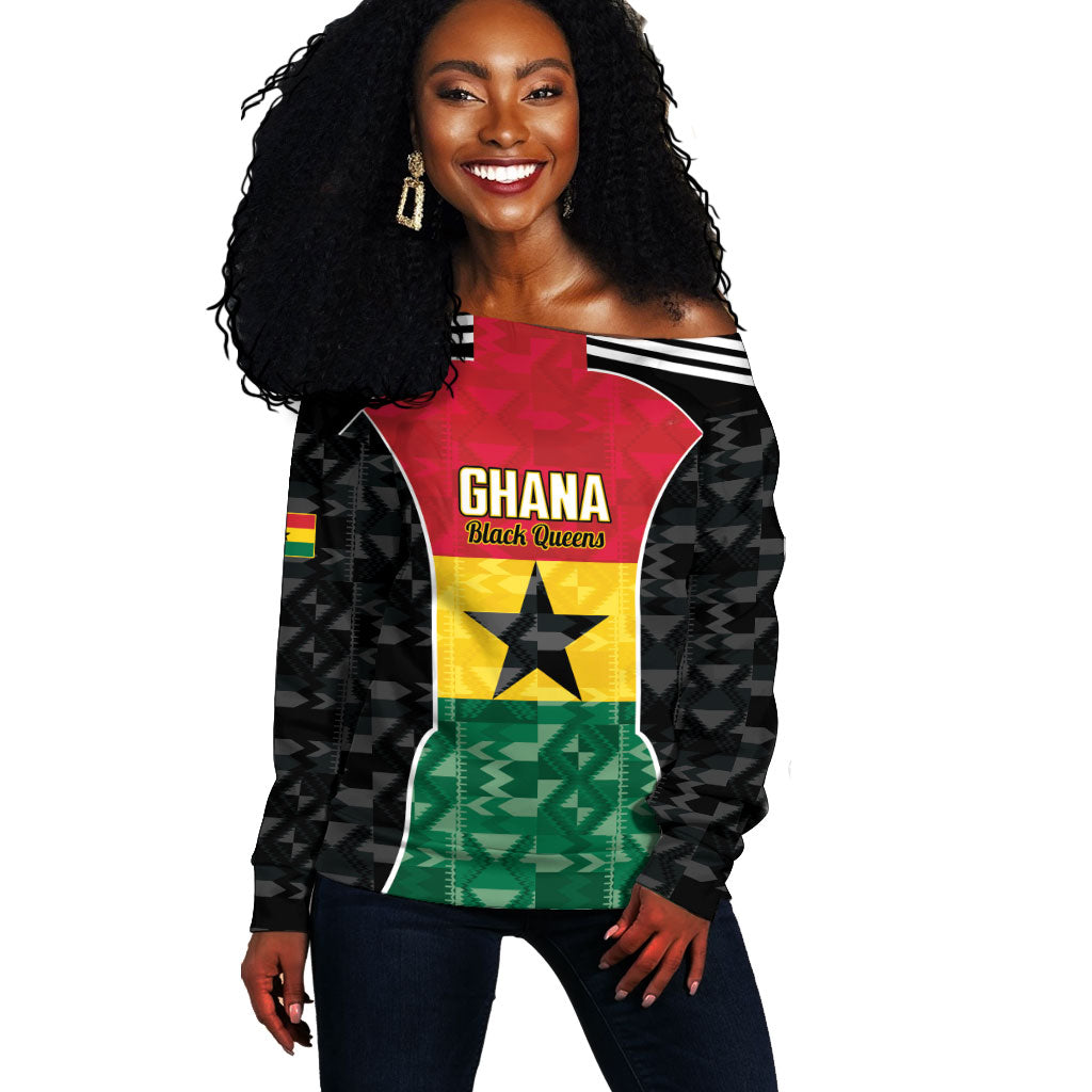 Ghana Football Custom Off Shoulder Sweater Go Black Queens Kente Pattern