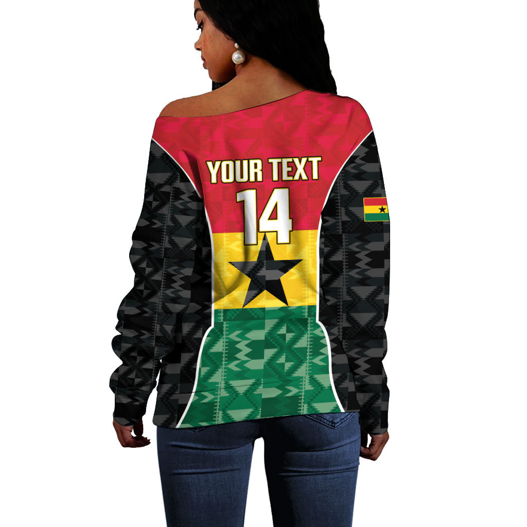 Ghana Football Custom Off Shoulder Sweater Go Black Queens Kente Pattern
