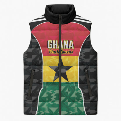 Ghana Football Custom Sleeveless Puffer Jacket Go Black Queens Kente Pattern