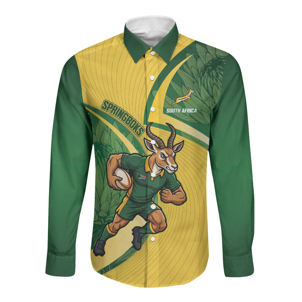 South Africa Rugby Custom Long Sleeve Button Shirt Come On Springboks Mascot Sporty Style