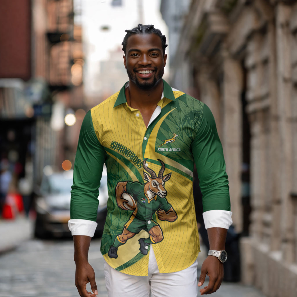 South Africa Rugby Custom Long Sleeve Button Shirt Come On Springboks Mascot Sporty Style