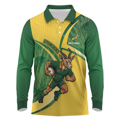 South Africa Rugby Custom Long Sleeve Polo Shirt Come On Springboks Mascot Sporty Style