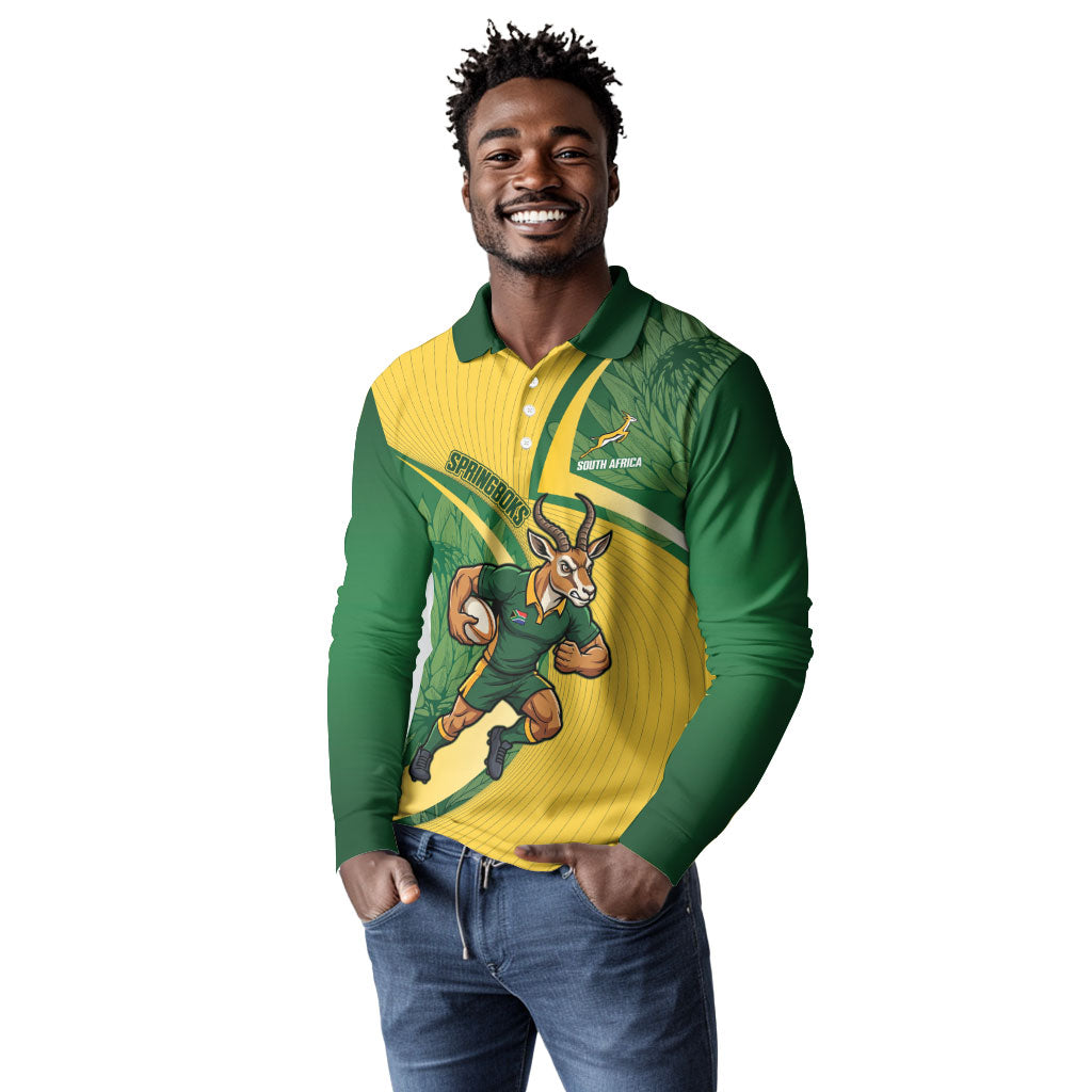 South Africa Rugby Custom Long Sleeve Polo Shirt Come On Springboks Mascot Sporty Style