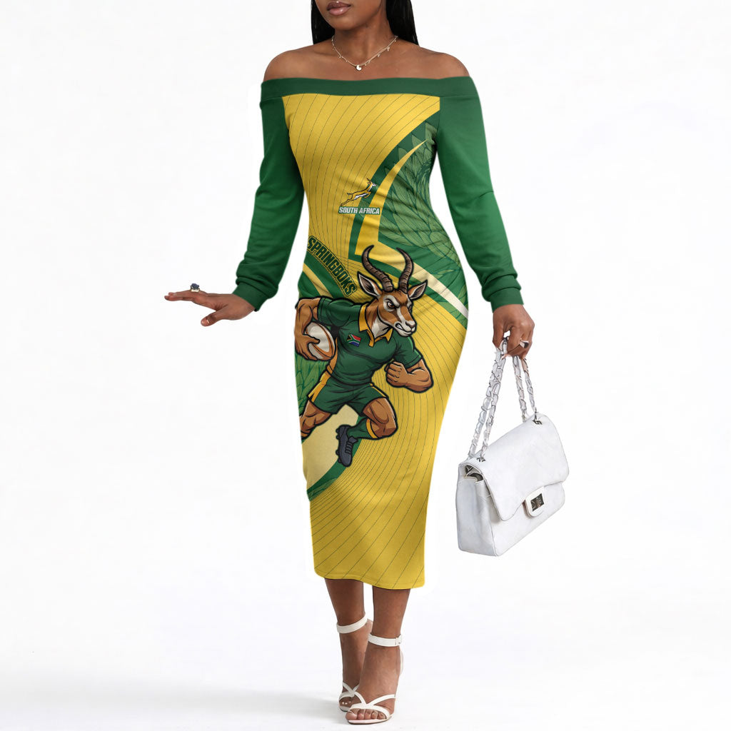 South Africa Rugby Custom Off The Shoulder Long Sleeve Dress Come On Springboks Mascot Sporty Style
