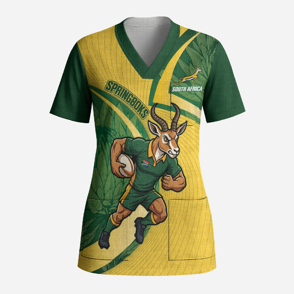 South Africa Rugby Custom Scrub Top Come On Springboks Mascot Sporty Style