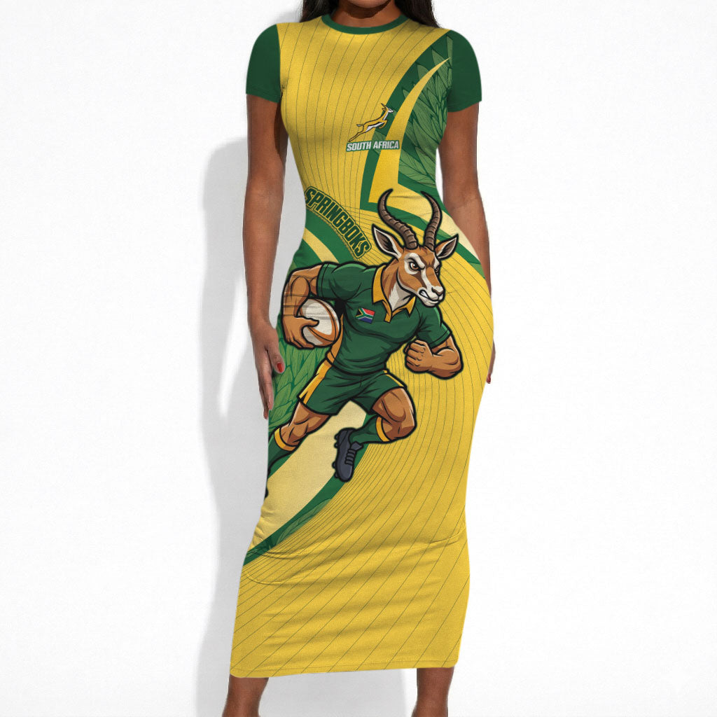 South Africa Rugby Custom Short Sleeve Bodycon Dress Come On Springboks Mascot Sporty Style