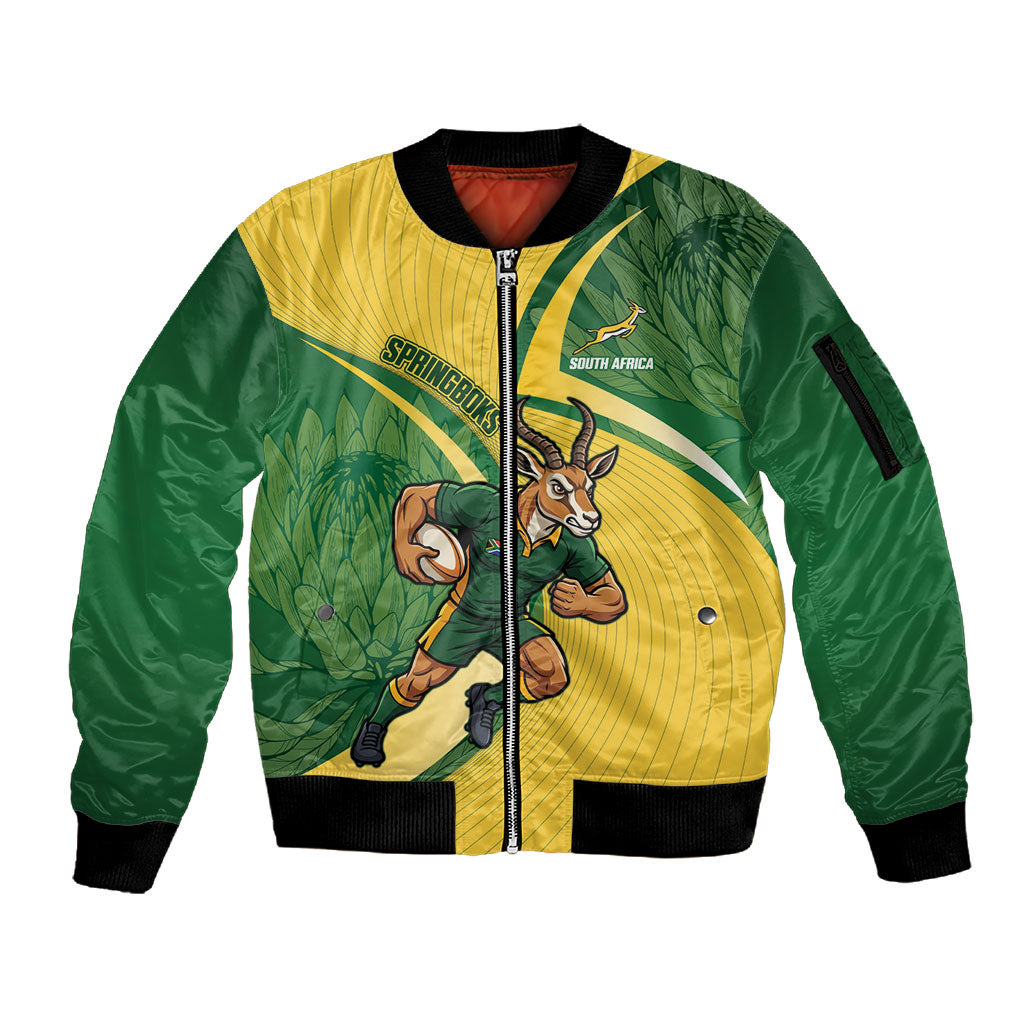 South Africa Rugby Custom Sleeve Zip Bomber Jacket Come On Springboks Mascot Sporty Style